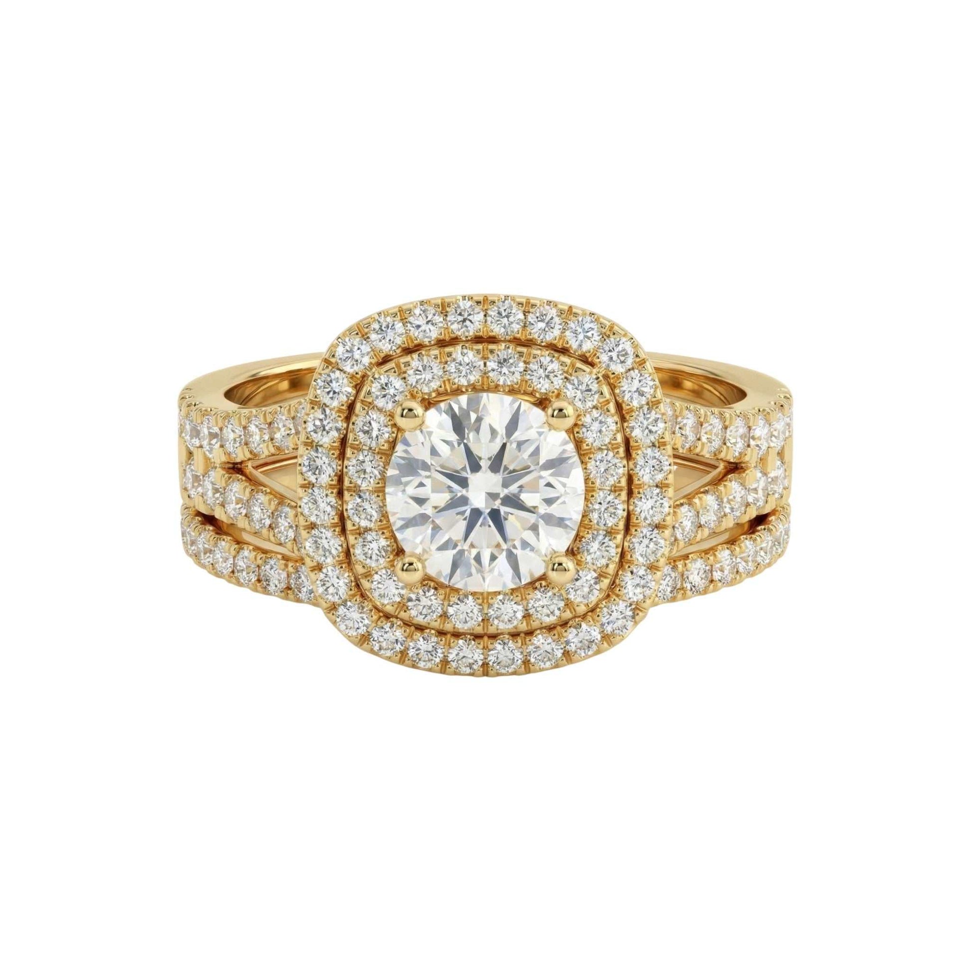 Gold ring with a large diamond and smaller diamonds on a white background
