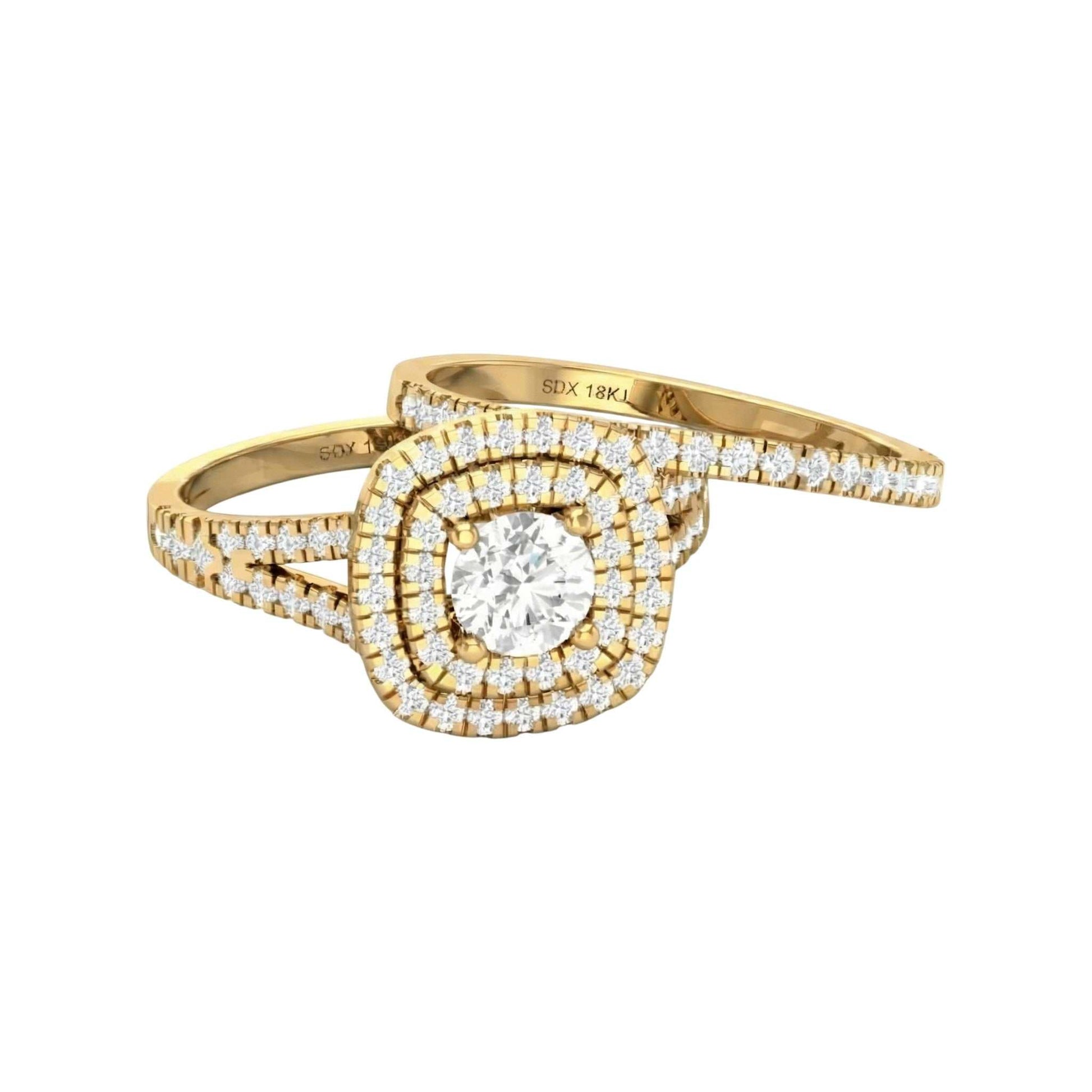 Gold ring with diamond accents on a white background