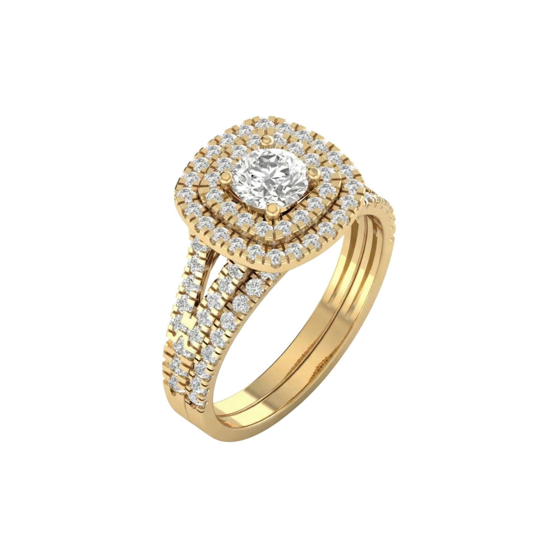 Gold ring with a diamond on a white background