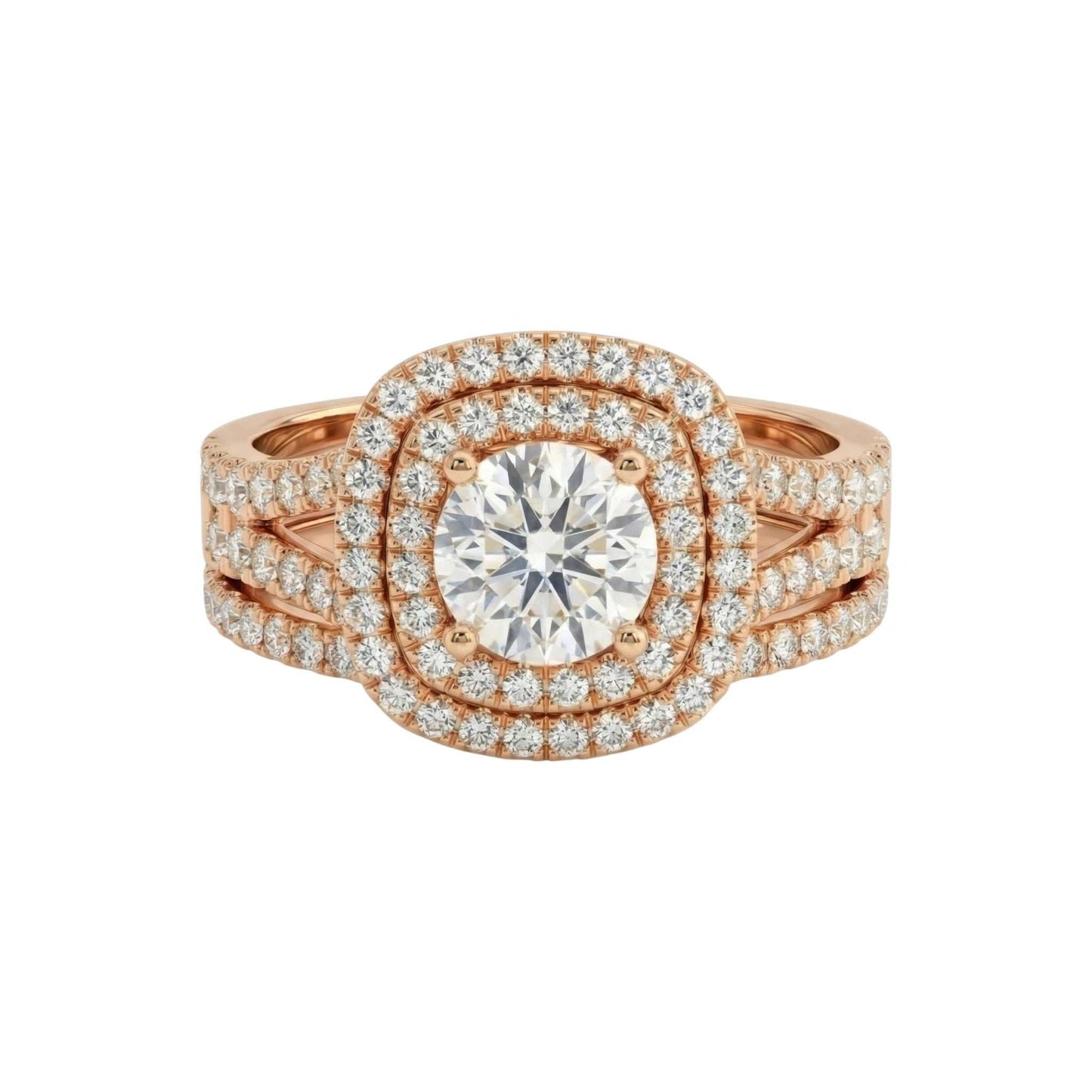 Rose gold ring with a large diamond and smaller diamonds on a white background