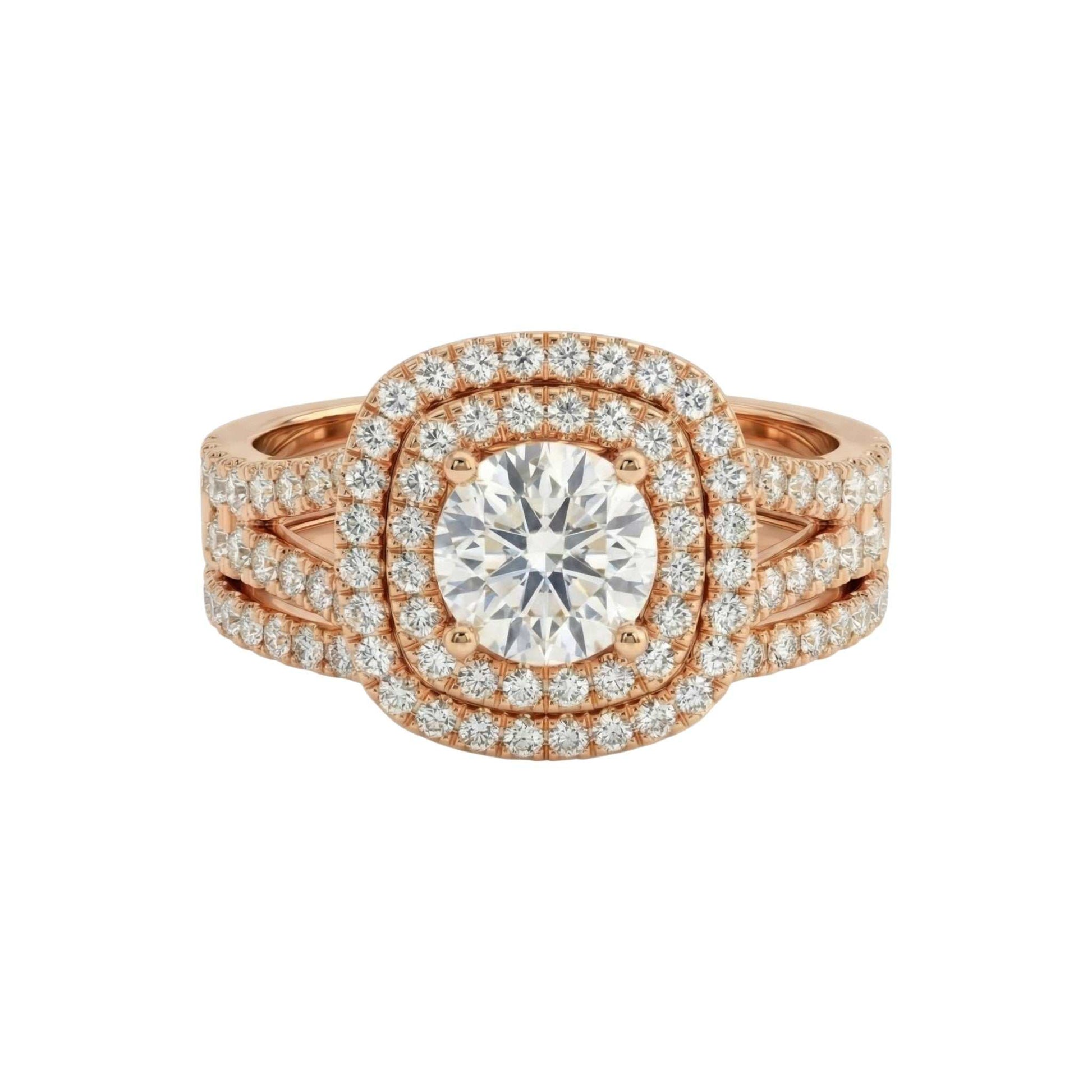 Rose gold ring with a large diamond and smaller diamonds on a white background