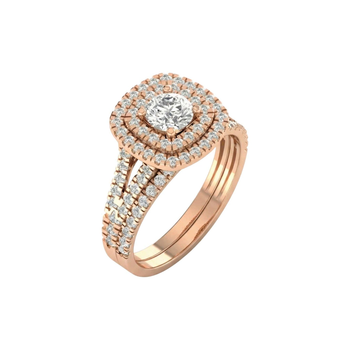 Rose gold ring with a diamond on a white background