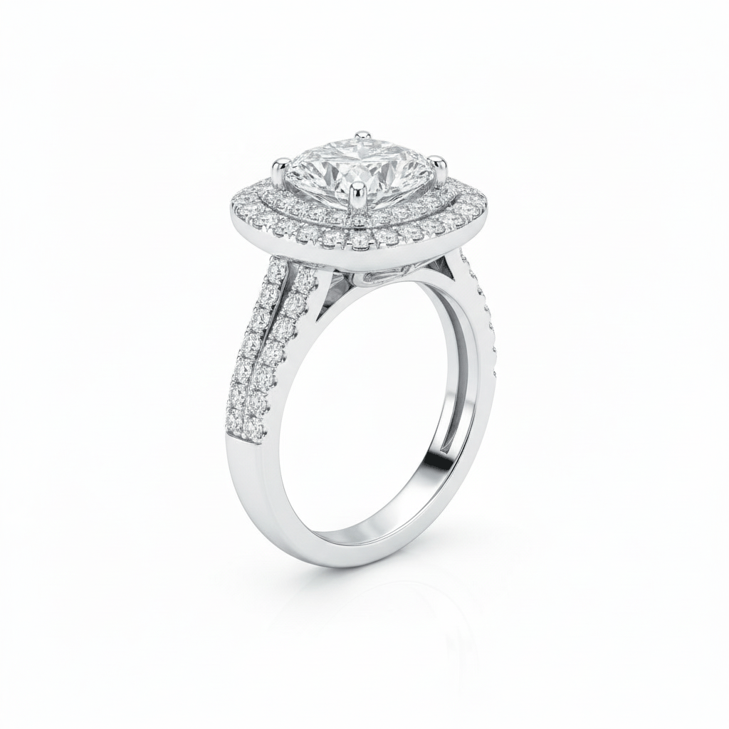 Silver ring with a diamond halo on a white background