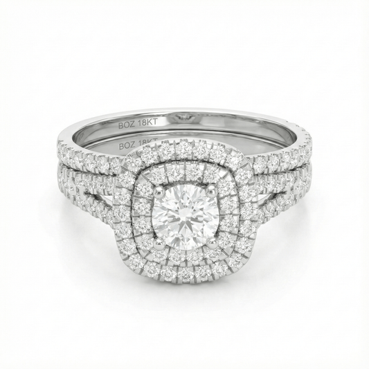 Audre Round Cut natural diamond cluster bride set in 18KT gold with pavé diamonds and split shank design