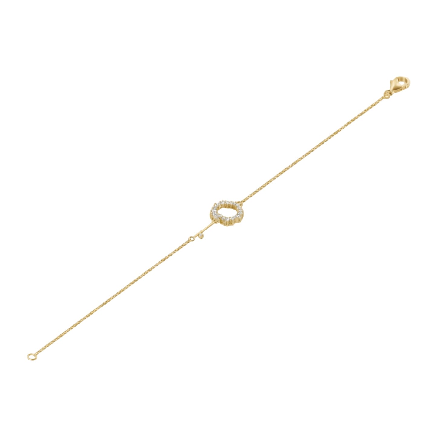 Gold bracelet with a circular clasp on a white background