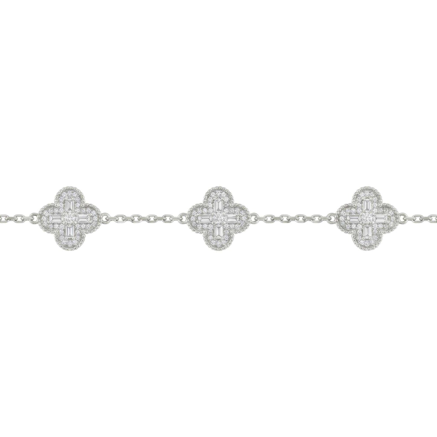 Silver bracelet with clover-shaped links on a white background