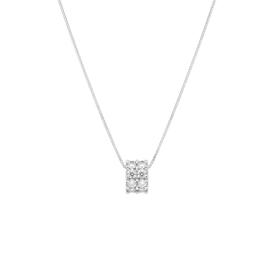 Silver necklace with a square pendant on a white background