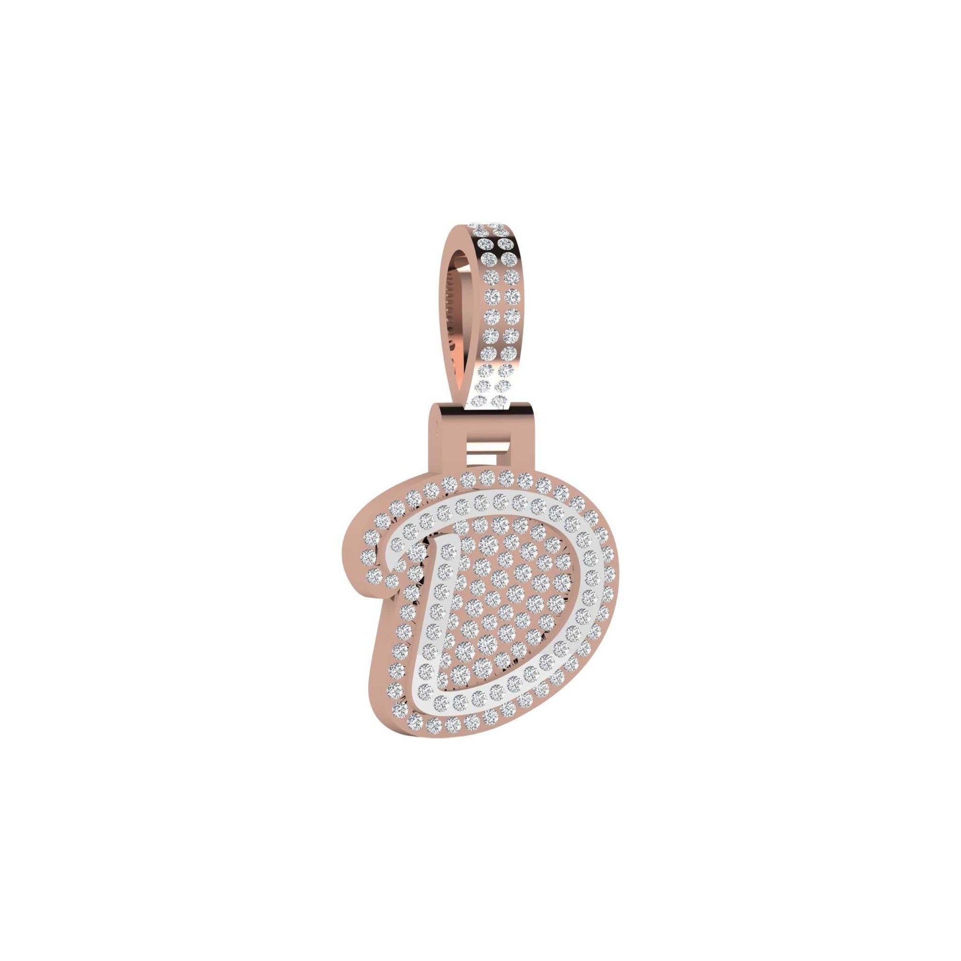 Rose gold and diamond-encrusted pendant on a white background