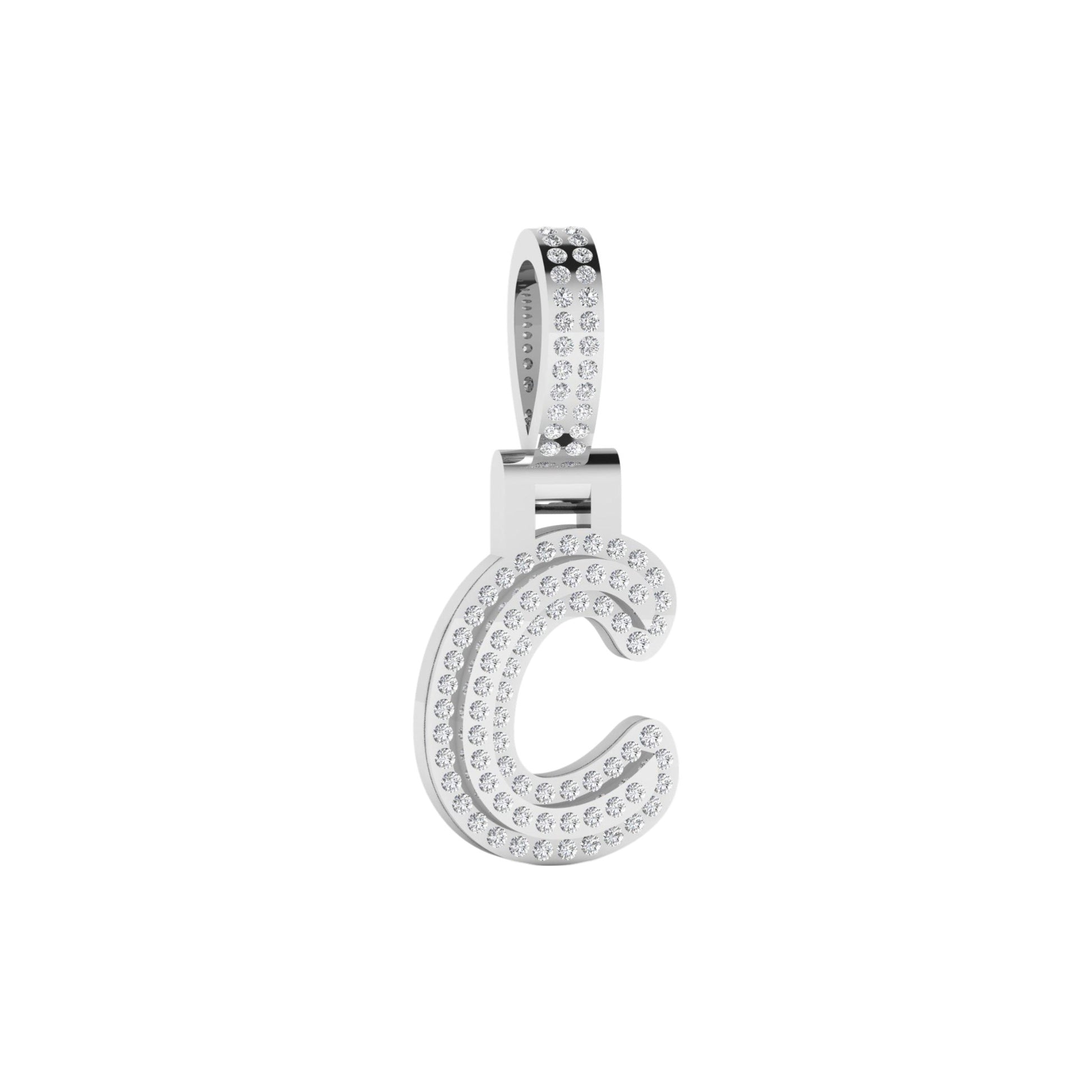 Silver pendant with letter 'C' design on a white background