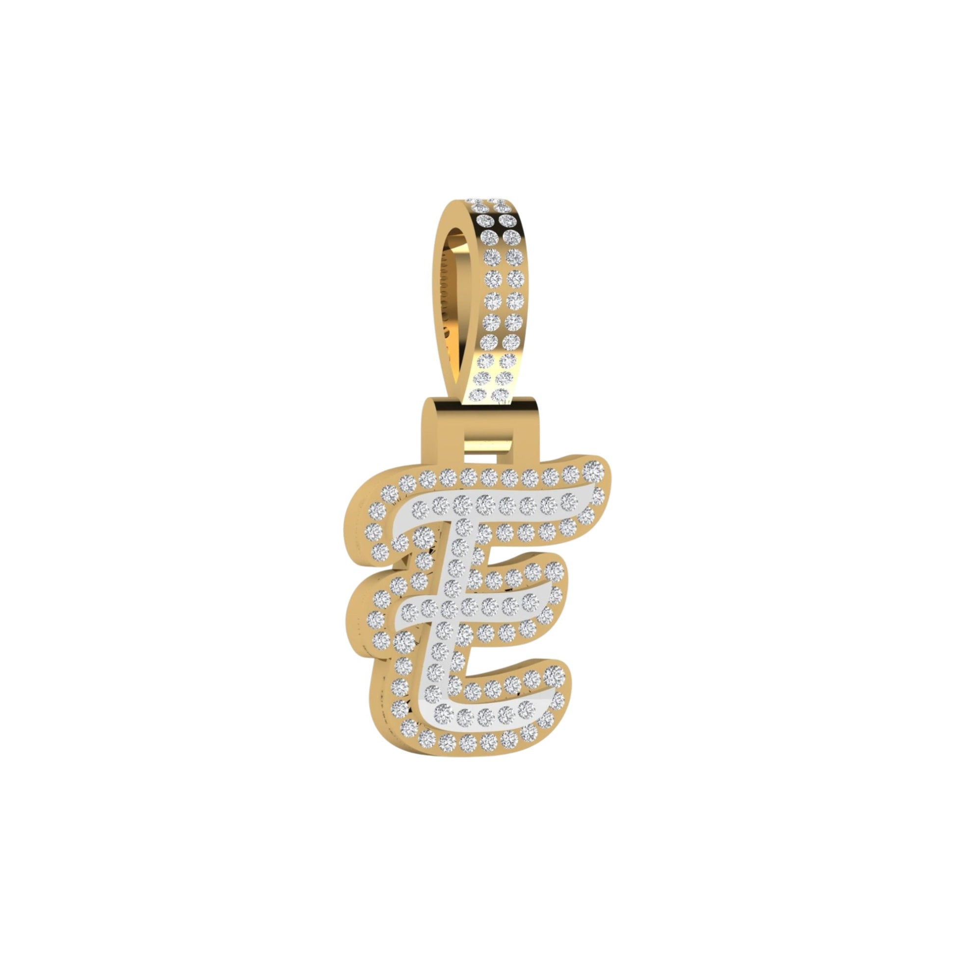 Gold and diamond-studded letter 'E' pendant on a white background