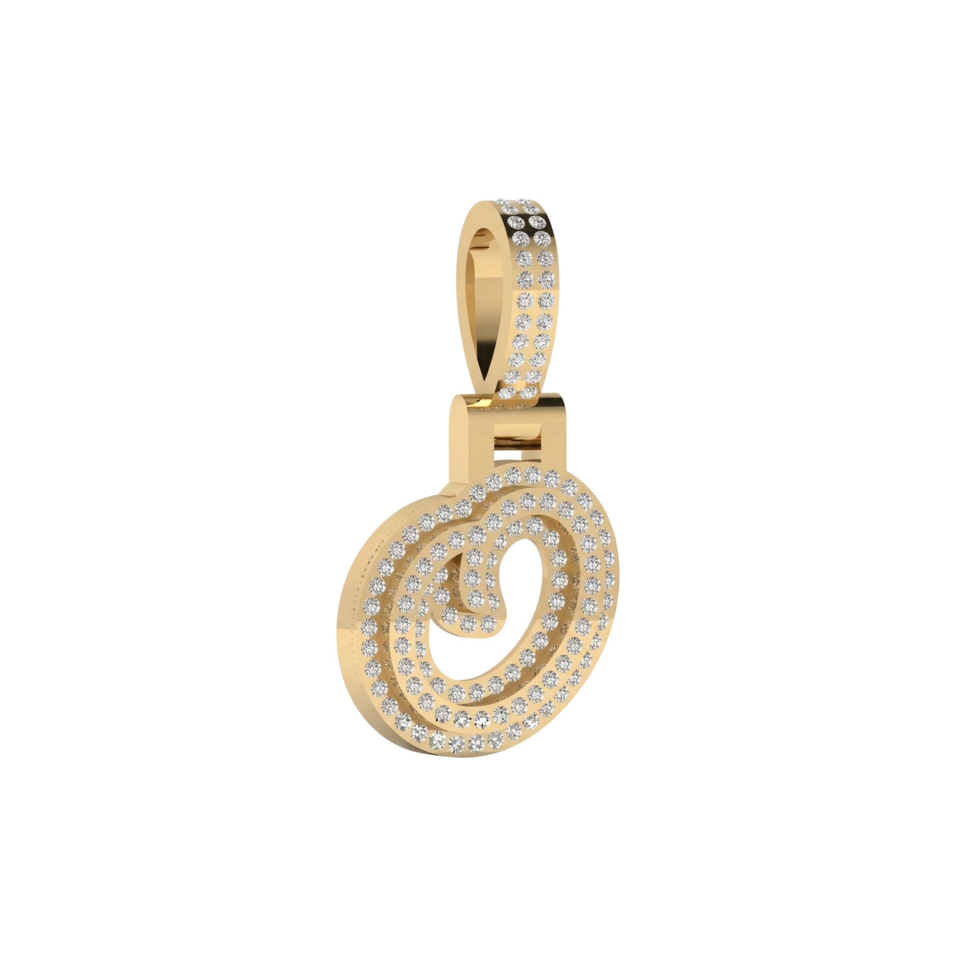 Gold spiral pendant with diamond accents on a white background