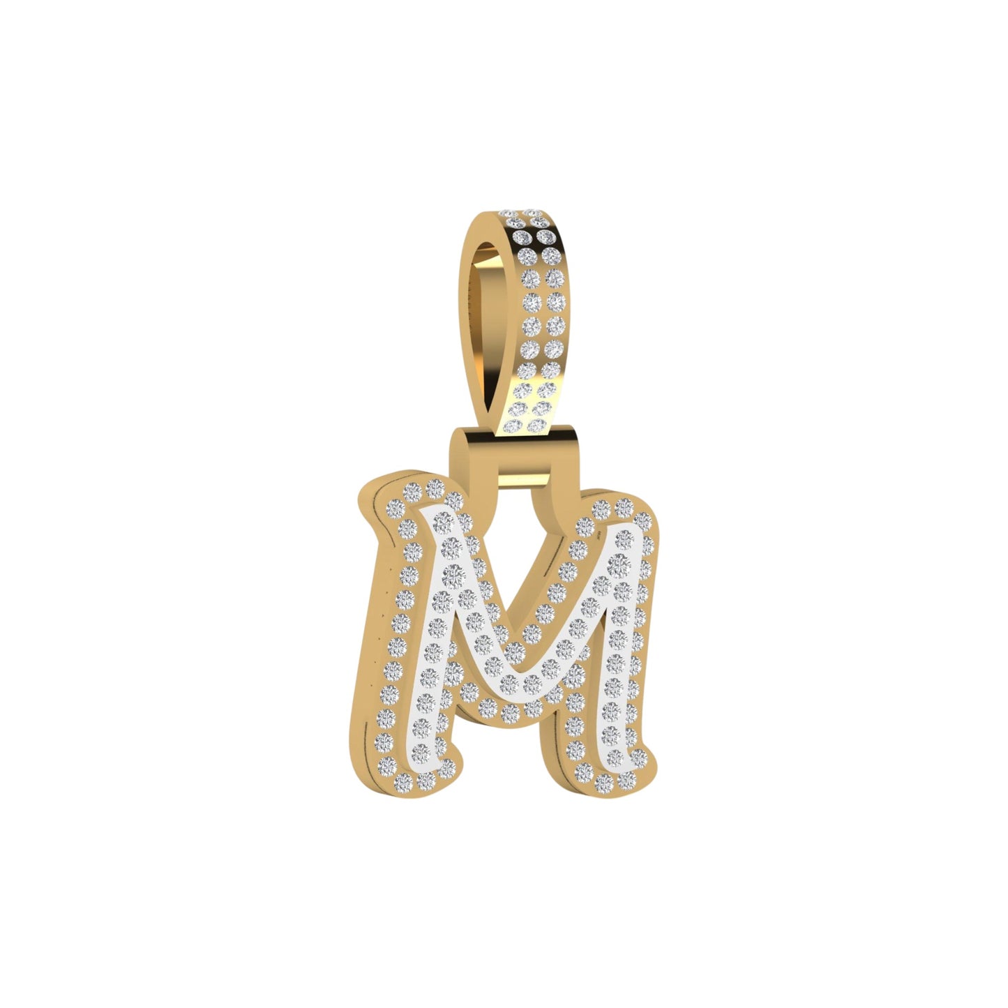 Gold pendant with letter 'M' design on a white background