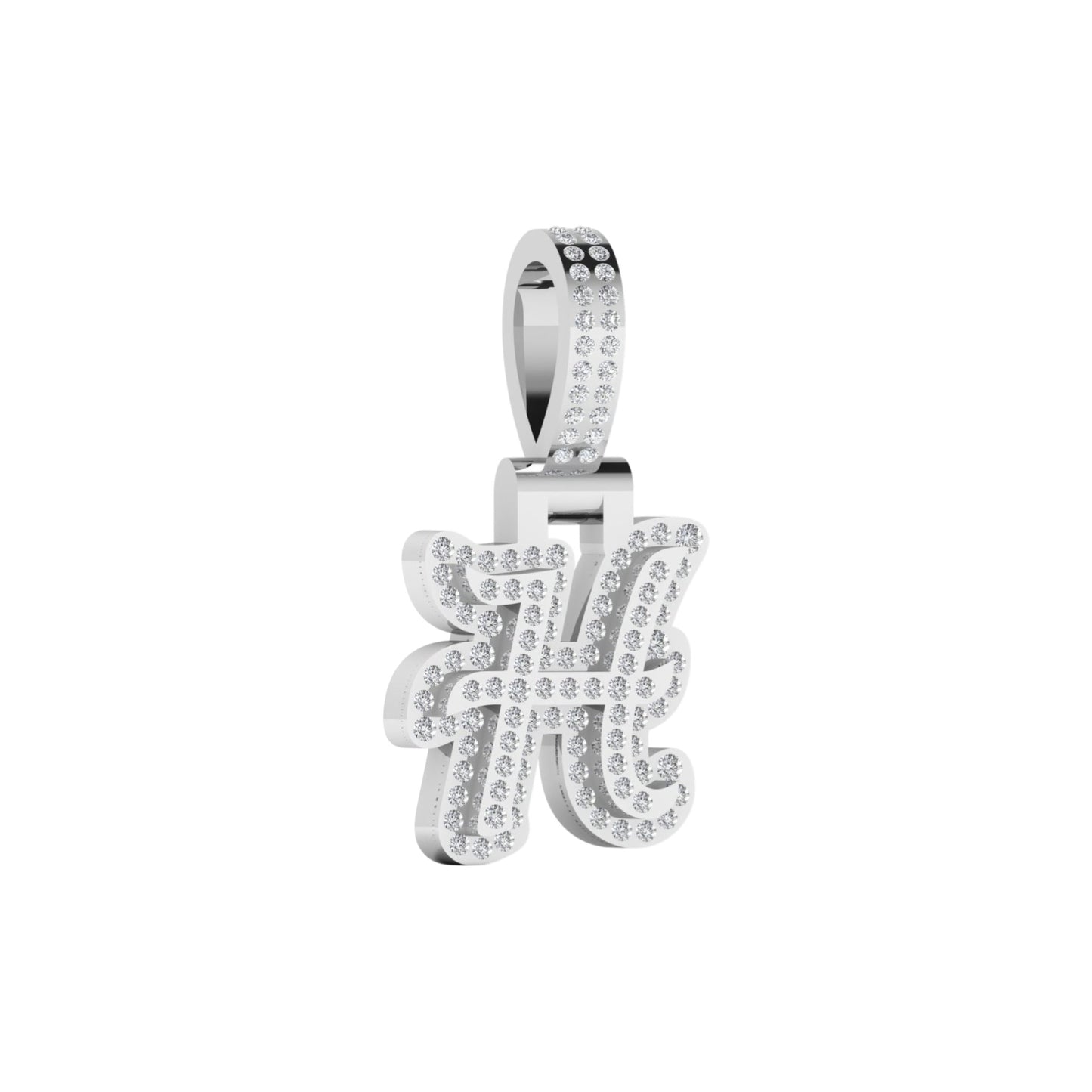 Silver pendant with letter 'H' design on a white background