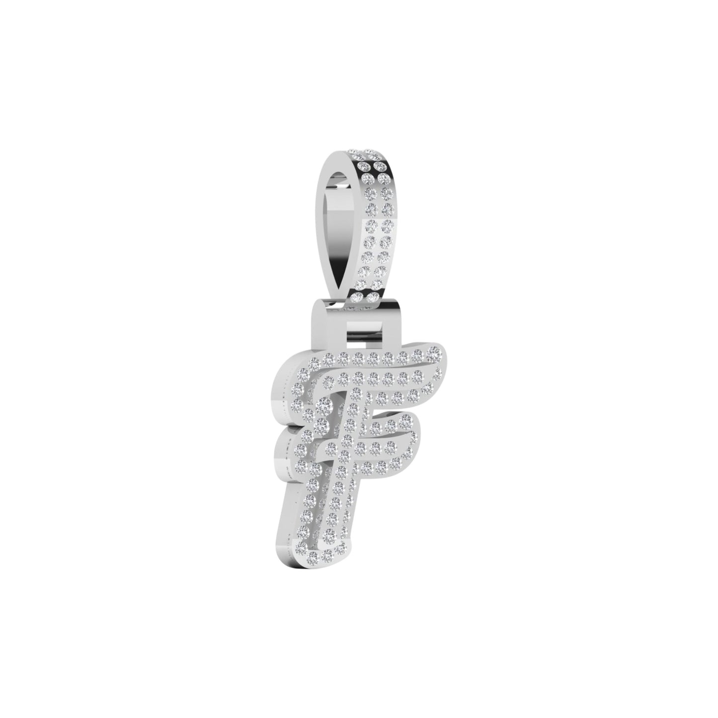 Silver letter 'F' pendant with clear stones on a white background