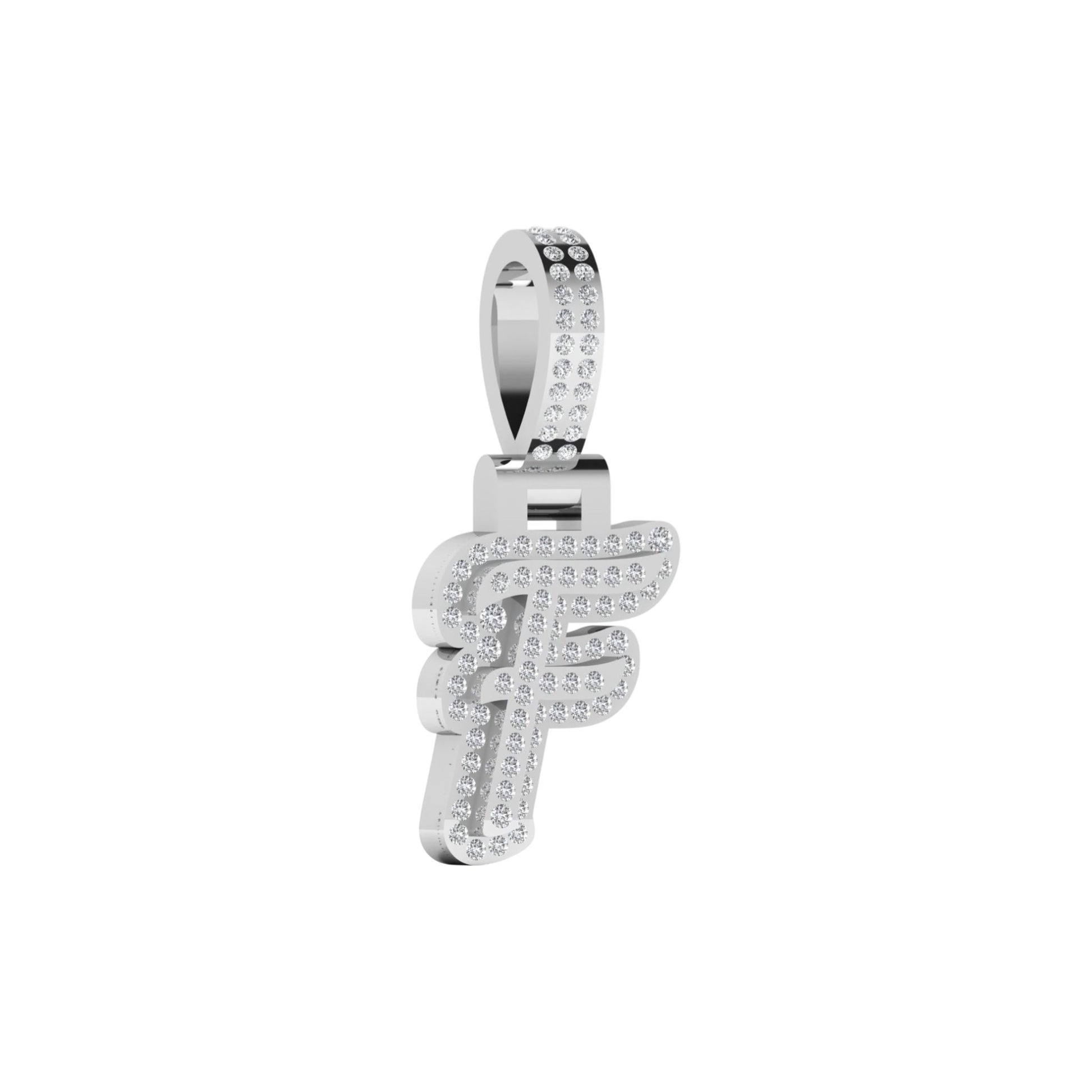 Silver letter 'F' pendant with clear stones on a white background