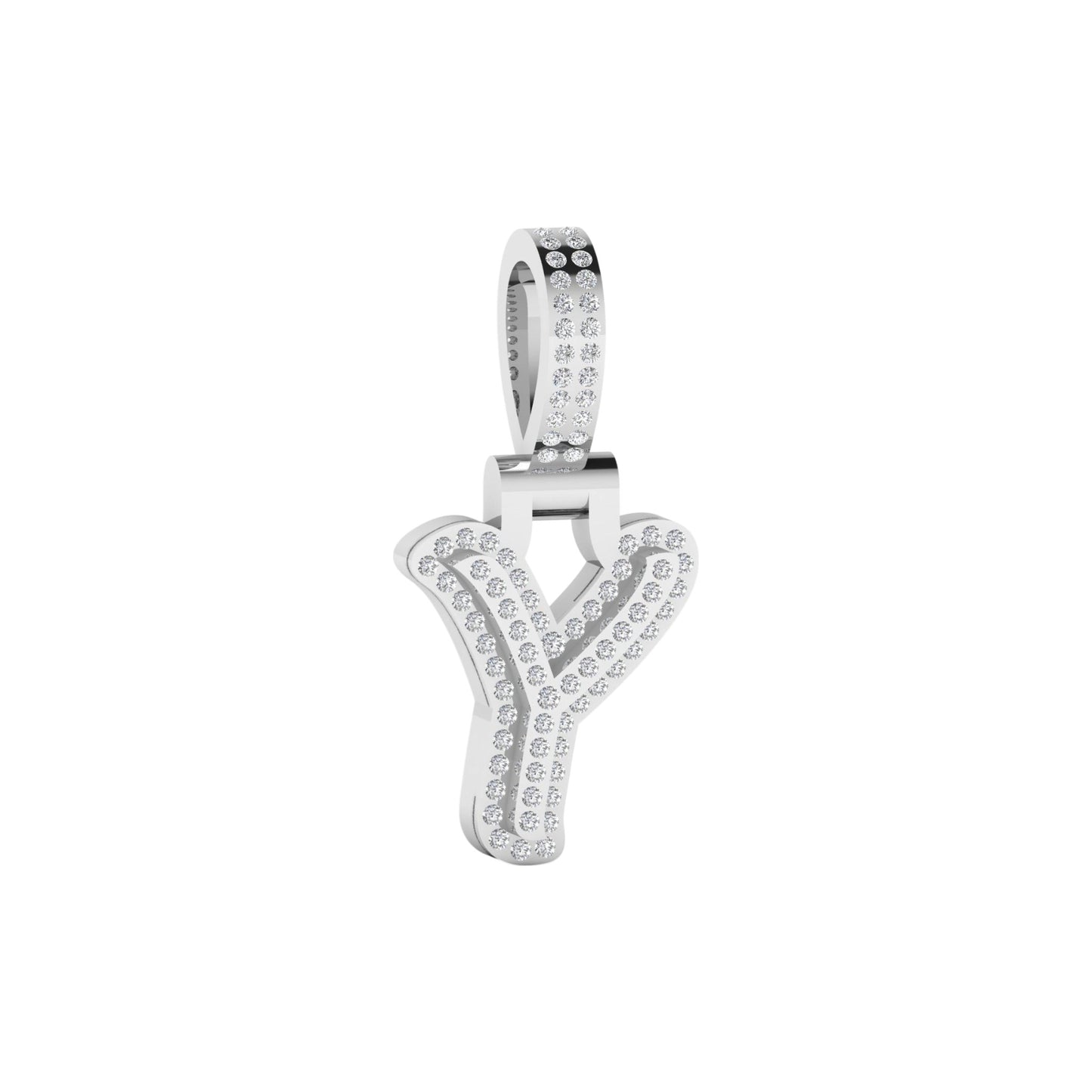 Silver 'Y' shaped pendant with clear stones on a white background