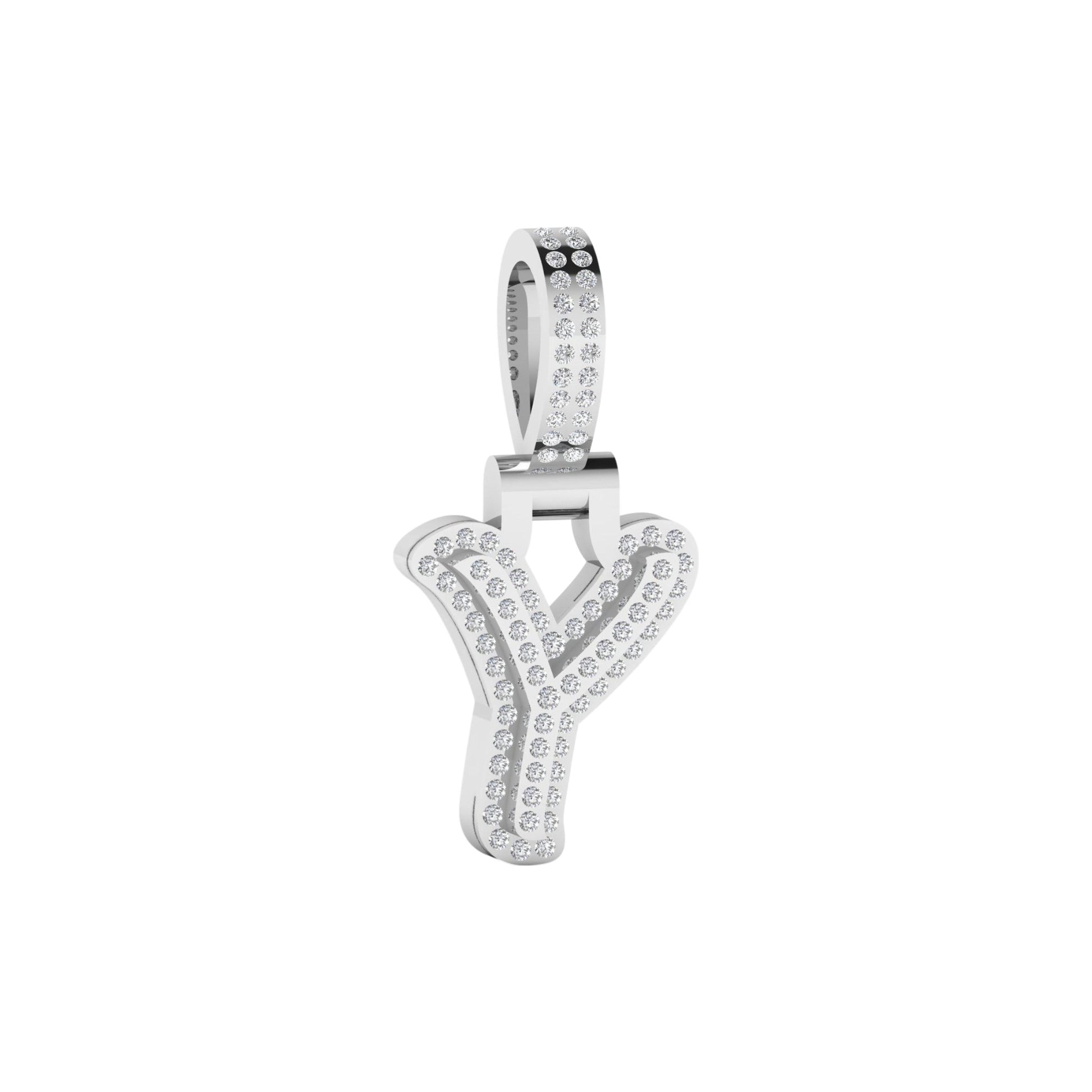 Silver 'Y' shaped pendant with clear stones on a white background