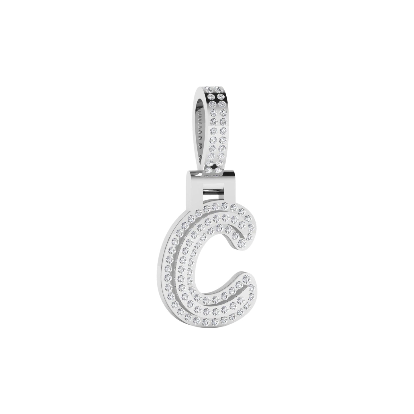Silver pendant with letter 'C' design on a white background
