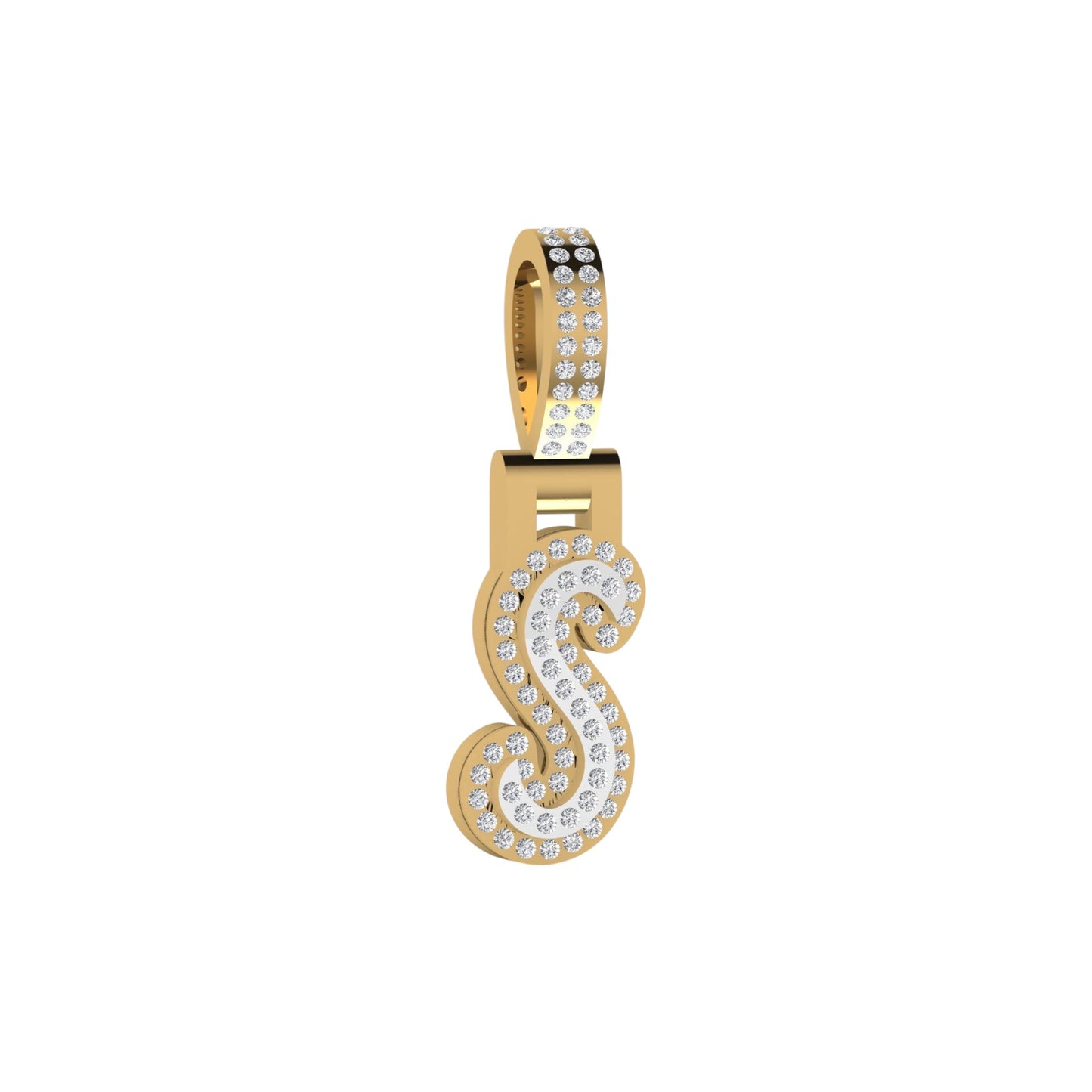 Gold and diamond-studded letter 'S' pendant on a white background
