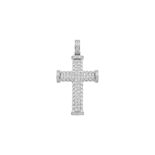 Silver cross pendant with clear stones on a white background