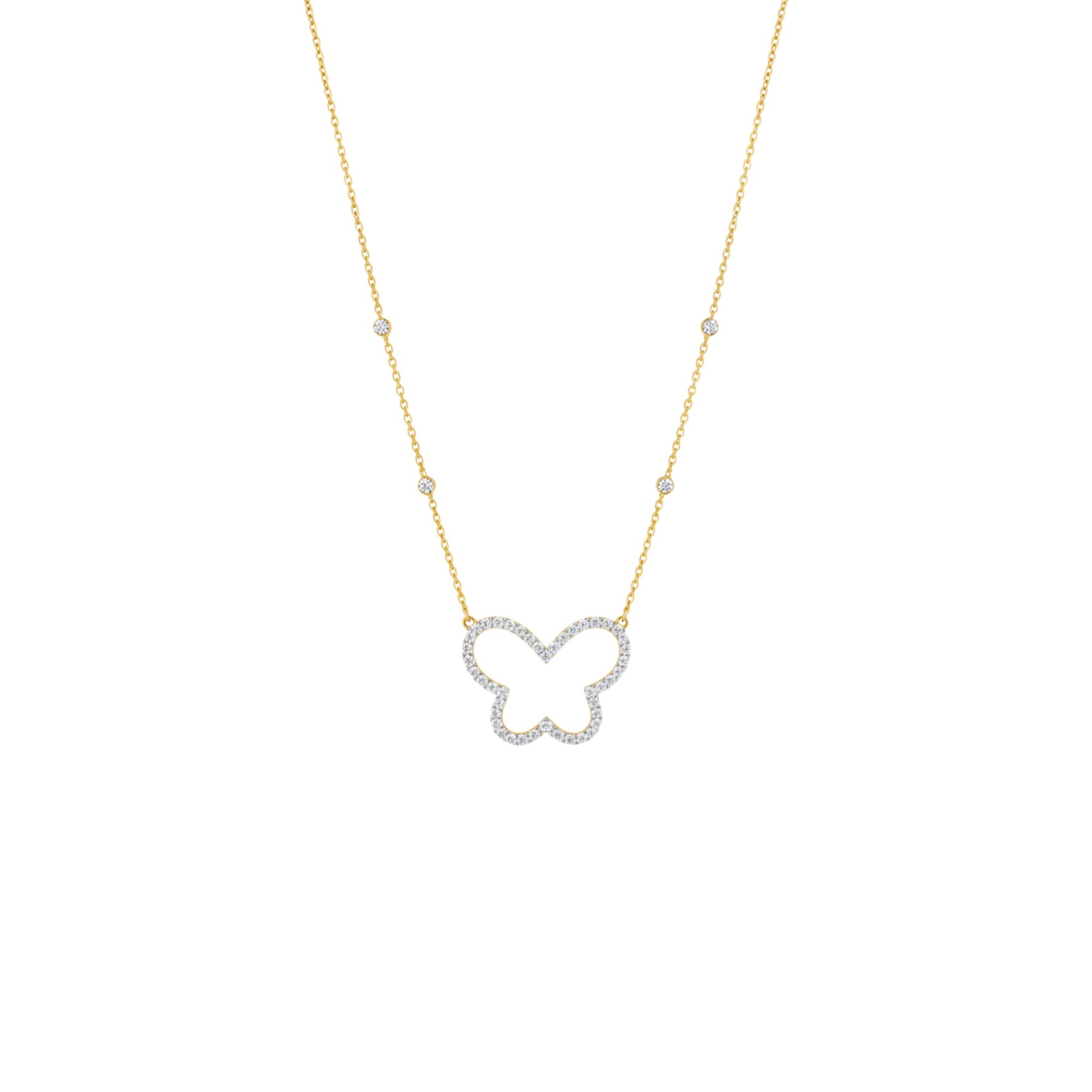 Butterfly-shaped pendant on a gold chain against a white background