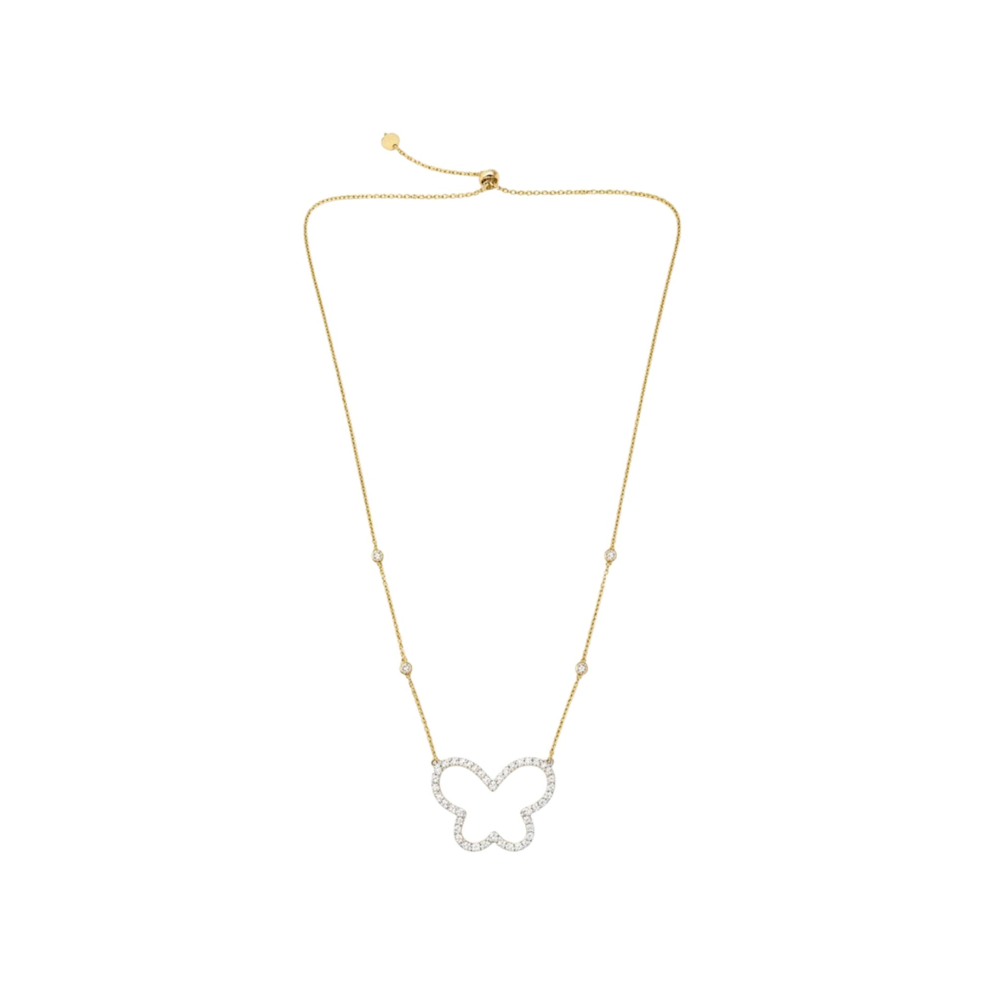 Gold necklace with a butterfly-shaped pendant on a white background