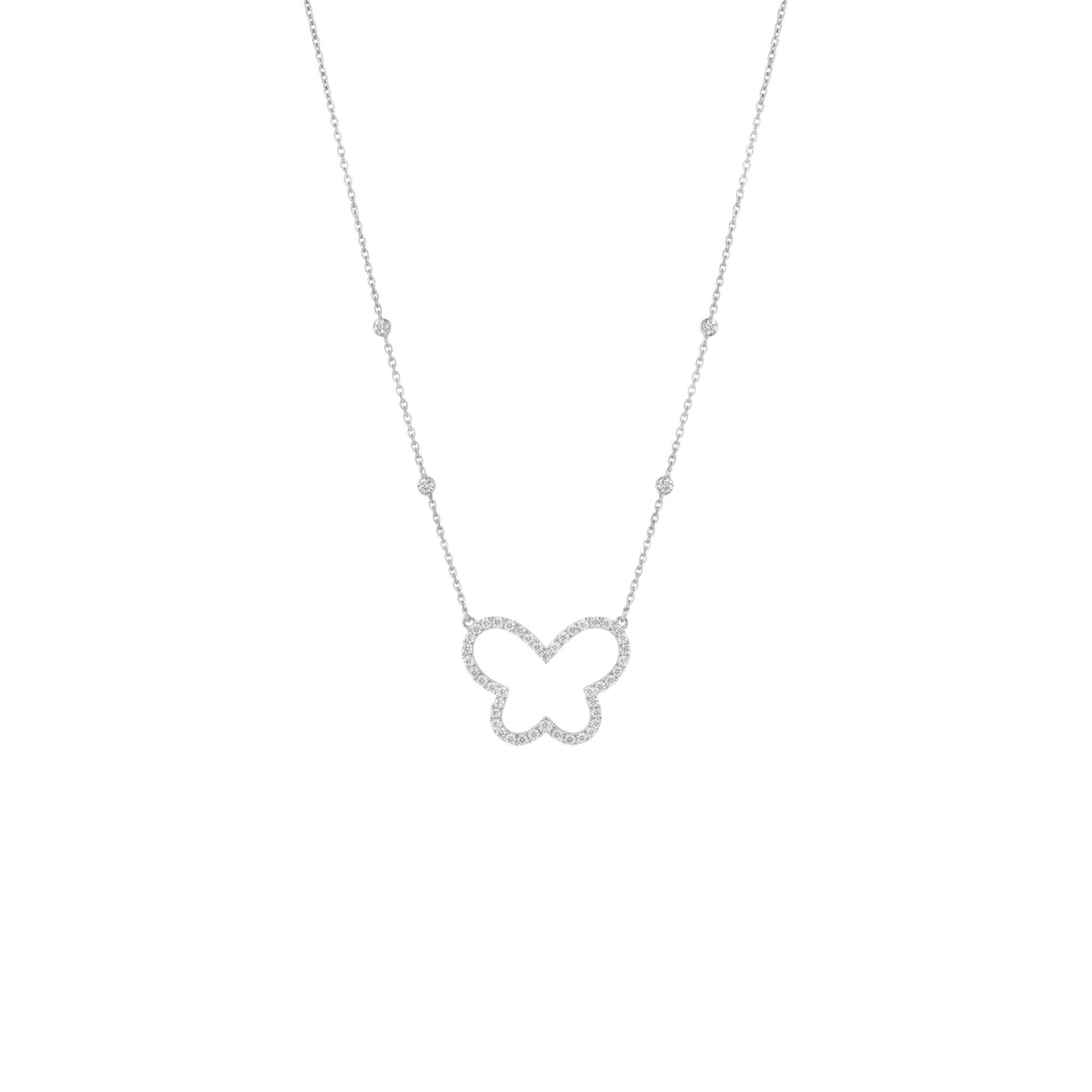Butterfly-shaped pendant on a delicate chain against a white background