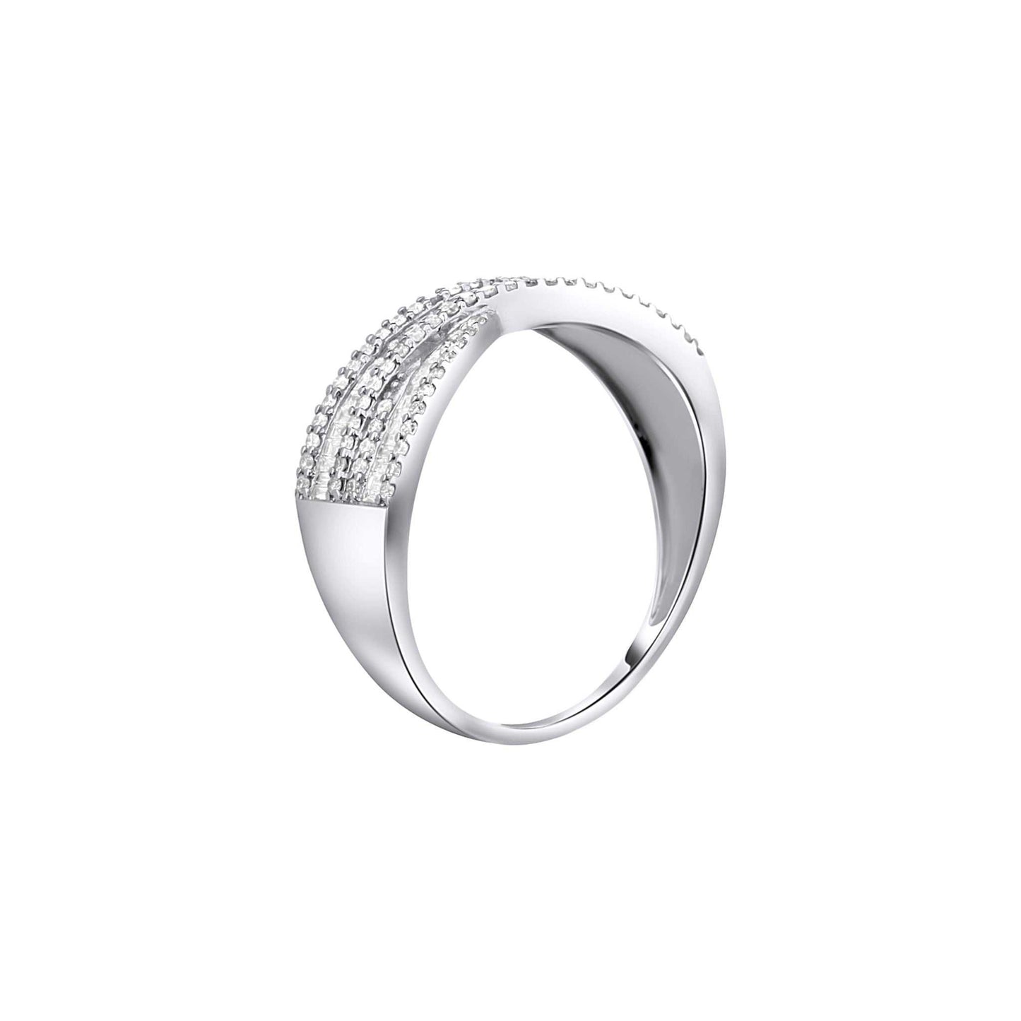 Silver ring with embedded diamonds on a white background