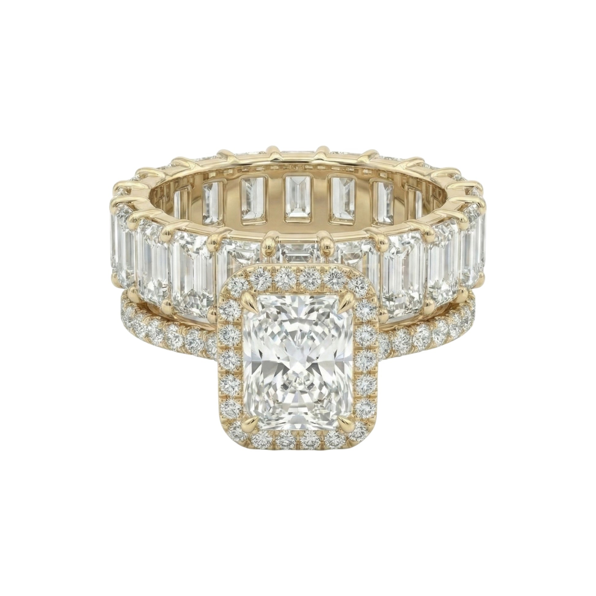Gold ring with diamond accents on a white background
