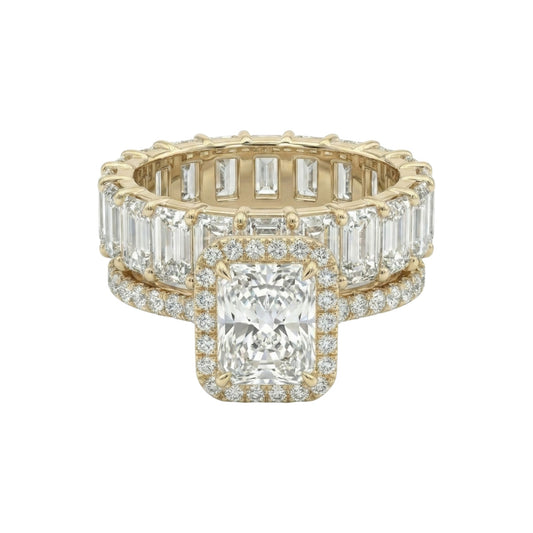 Gold ring with diamond accents on a white background