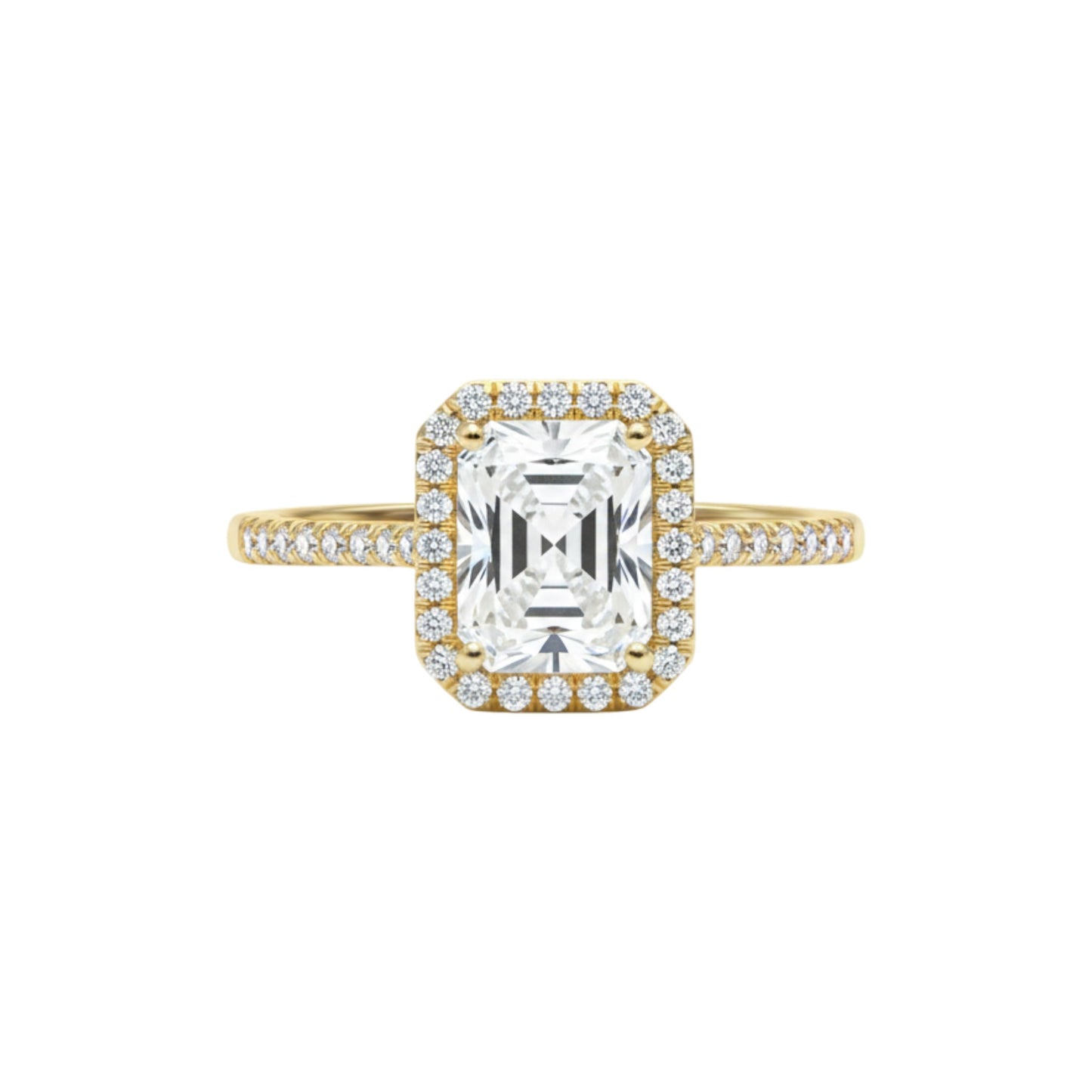 Gold ring with a large diamond and smaller diamonds on the band against a white background