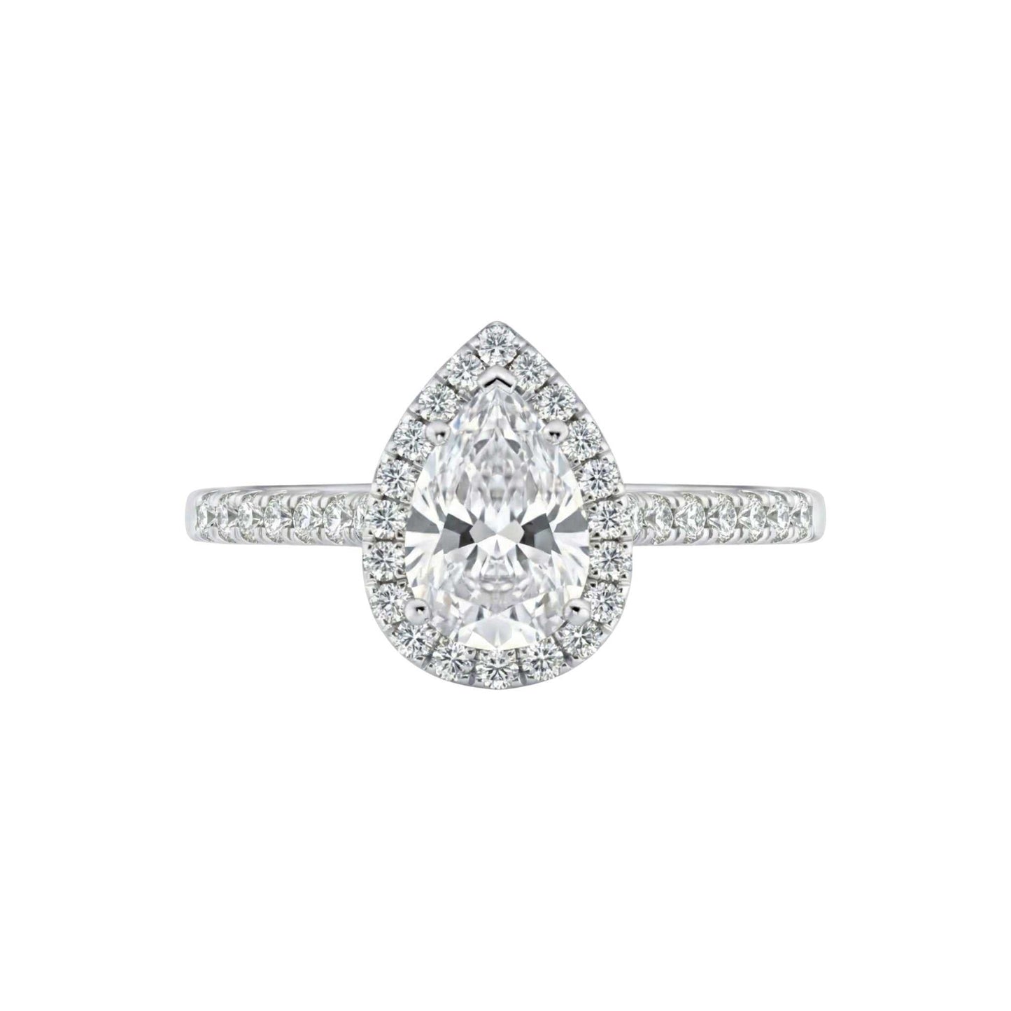 Diamond ring with pear-shaped center stone on a white background