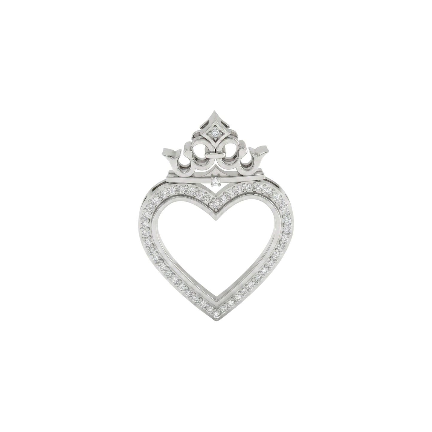 Silver heart-shaped pendant with a crown-like top on a white background