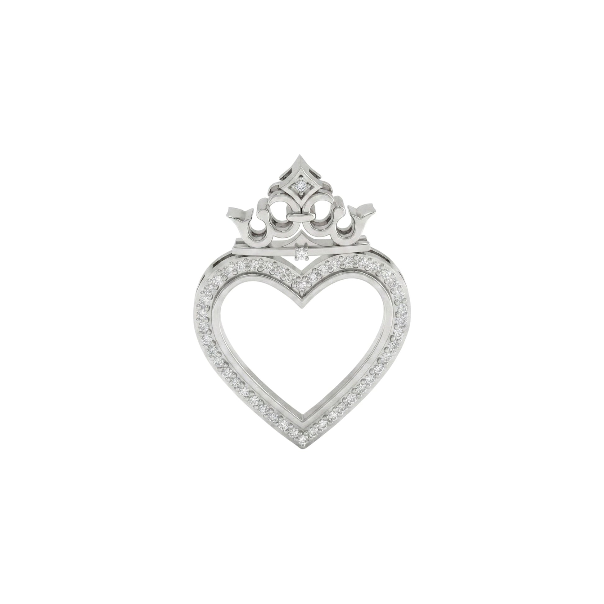 Silver heart-shaped pendant with a crown-like top on a white background