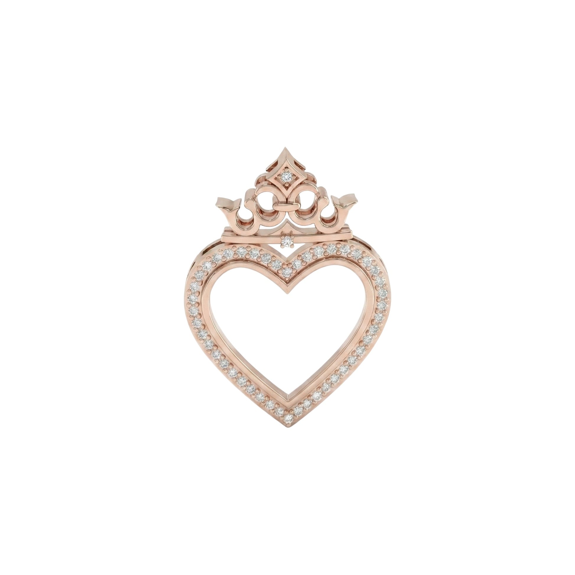 Rose gold heart-shaped pendant with a crown design on a white background