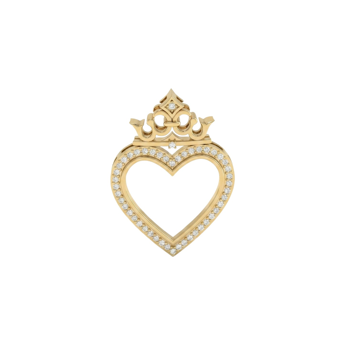Gold heart-shaped pendant with a crown design on a white background