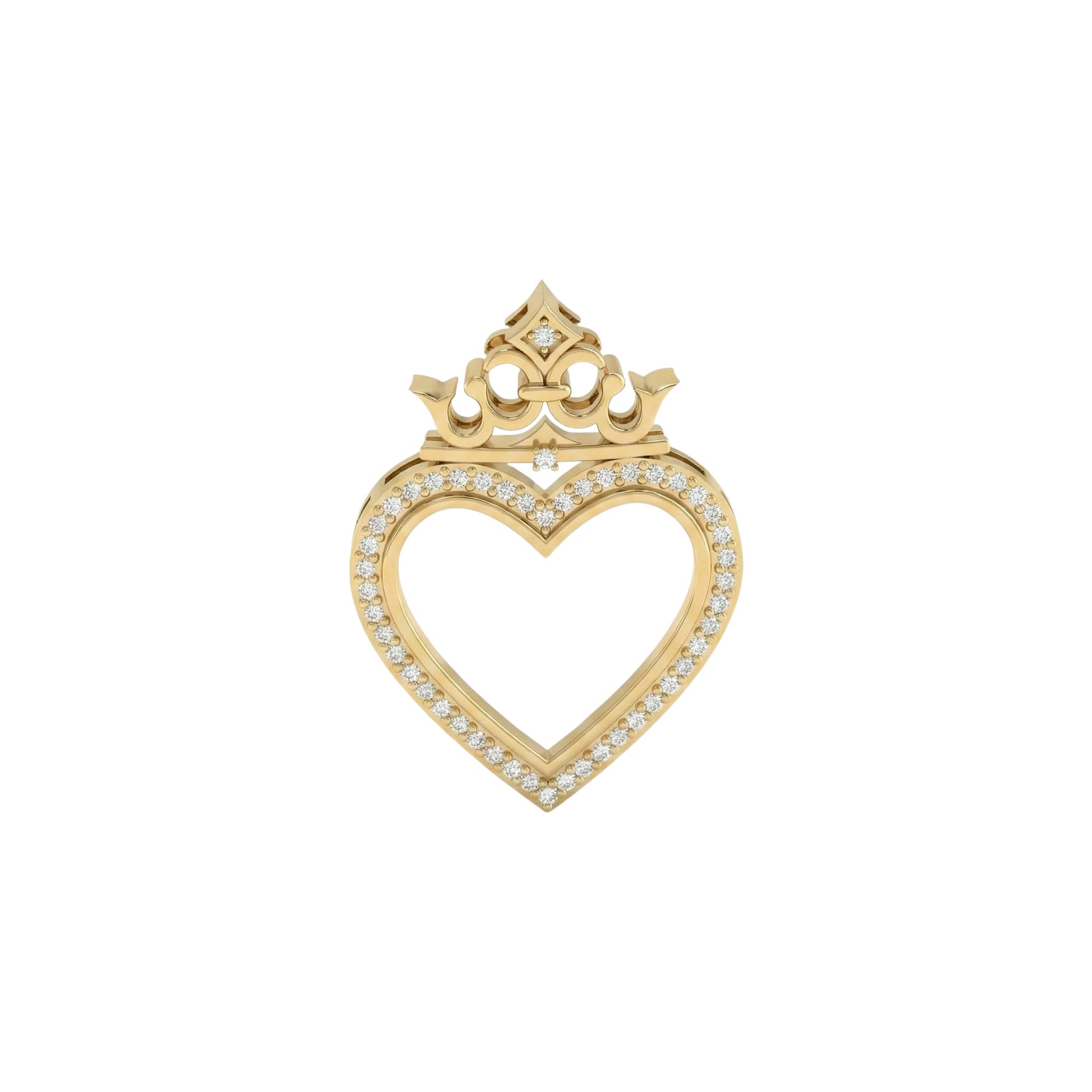 Gold heart-shaped pendant with a crown design on a white background