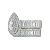 Diamond ring with a large central gemstone and smaller stones on a white background