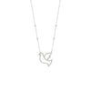 Silver dove-shaped pendant necklace on a white background