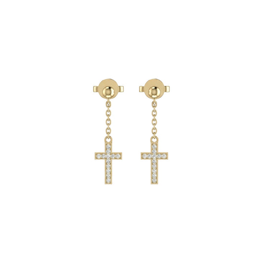 Gold cross earrings with diamond accents on a white background