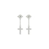 Silver cross earrings with clear stones on a white background