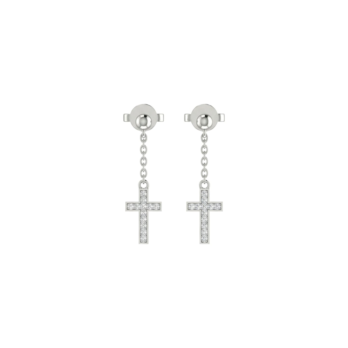 Silver cross earrings with clear stones on a white background