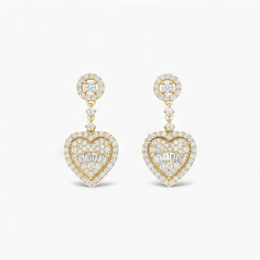 Heart-shaped earrings with diamond accents on a white background