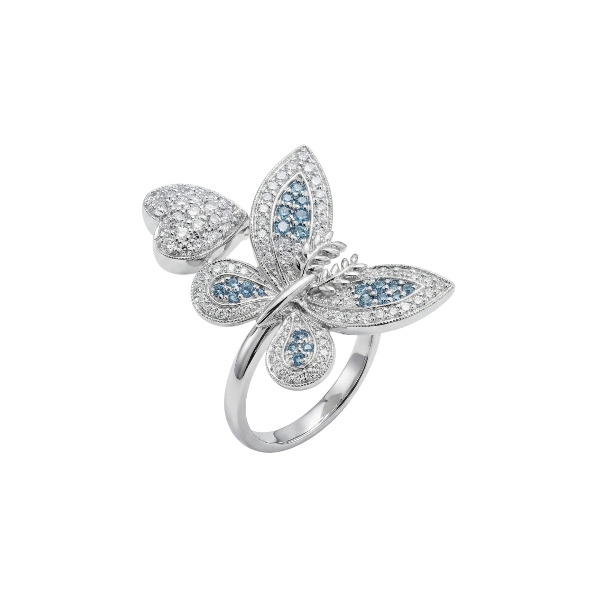 Butterfly-shaped ring with gemstones on a white background