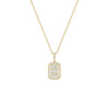 Gold necklace with a rectangular diamond pendant on a white background