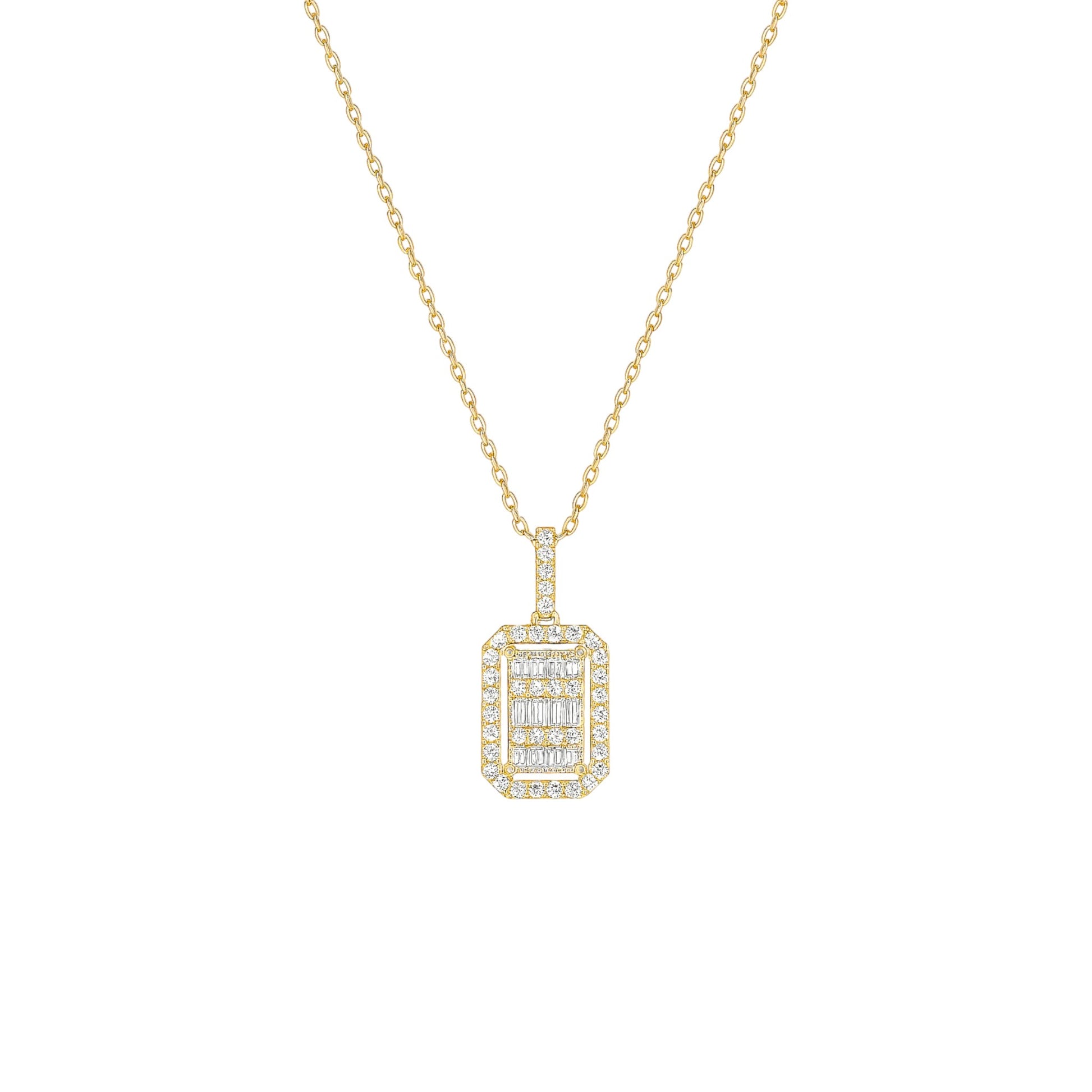 Gold necklace with a rectangular diamond pendant on a white background