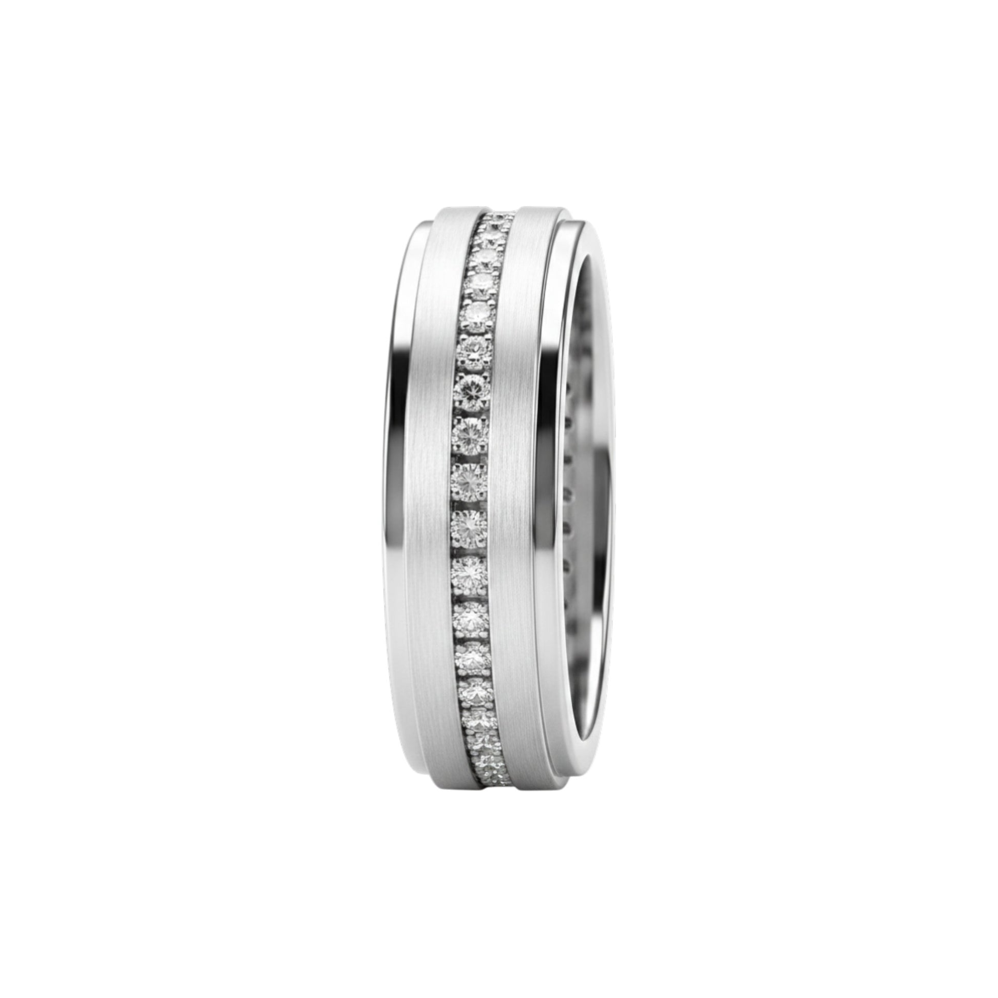Silver ring with embedded diamonds on a white background