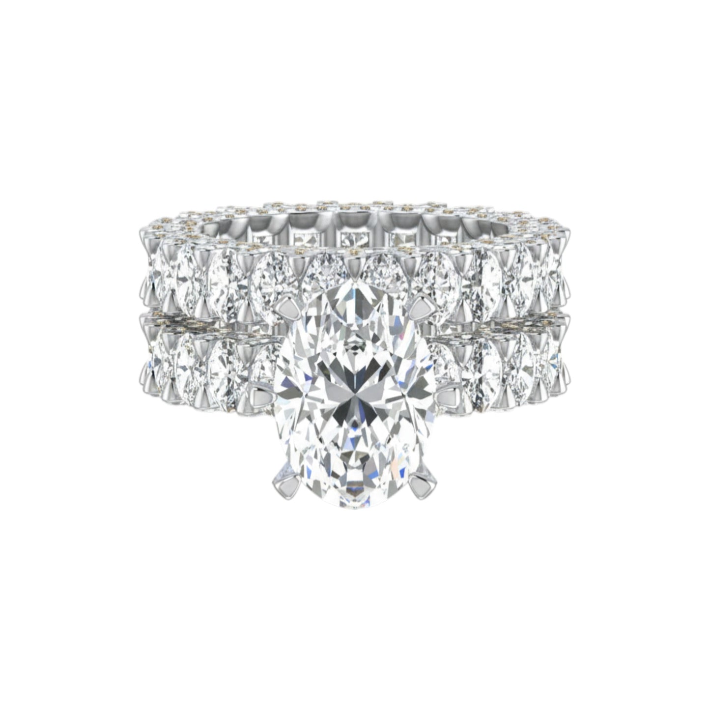 Diamond ring with a pear-shaped center stone on a white background