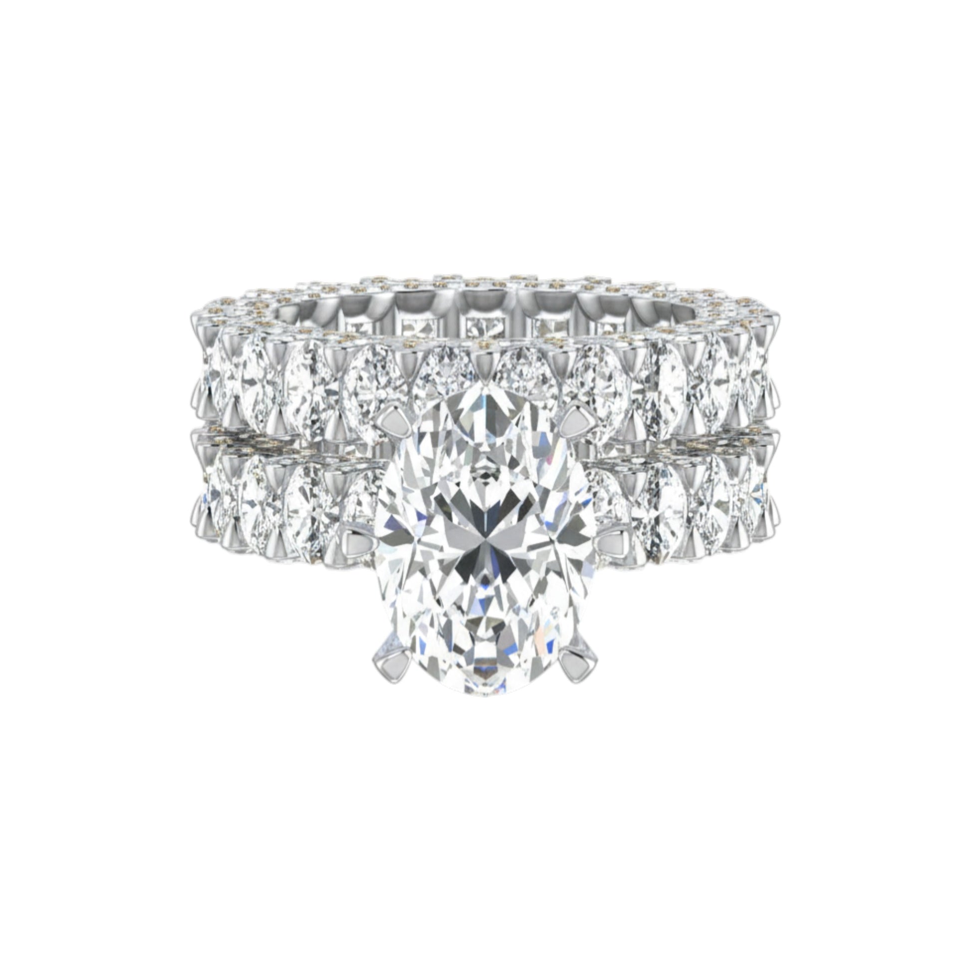 Diamond ring with a pear-shaped center stone on a white background