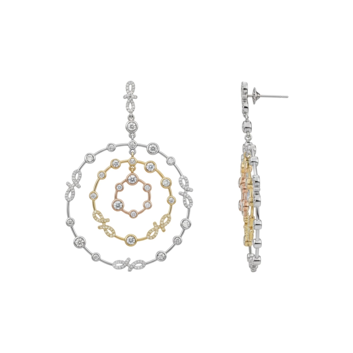 Pair of hoop earrings with gold and silver designs on a white background